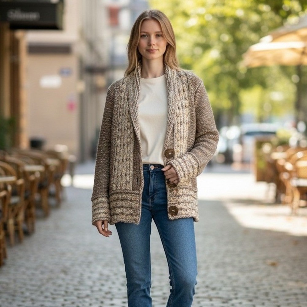 Pure Handknit Brown Cotton Cable Knit Shawl Collar Cardigan Sweater Womens S/M